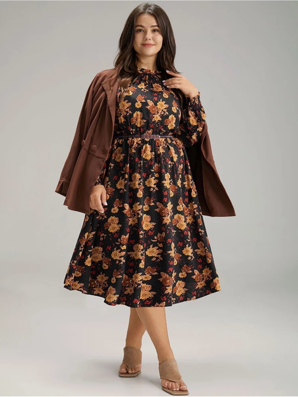 BloomChic Midi Dress with Mustard Floral Print Blue with Red Accents Size 18/20